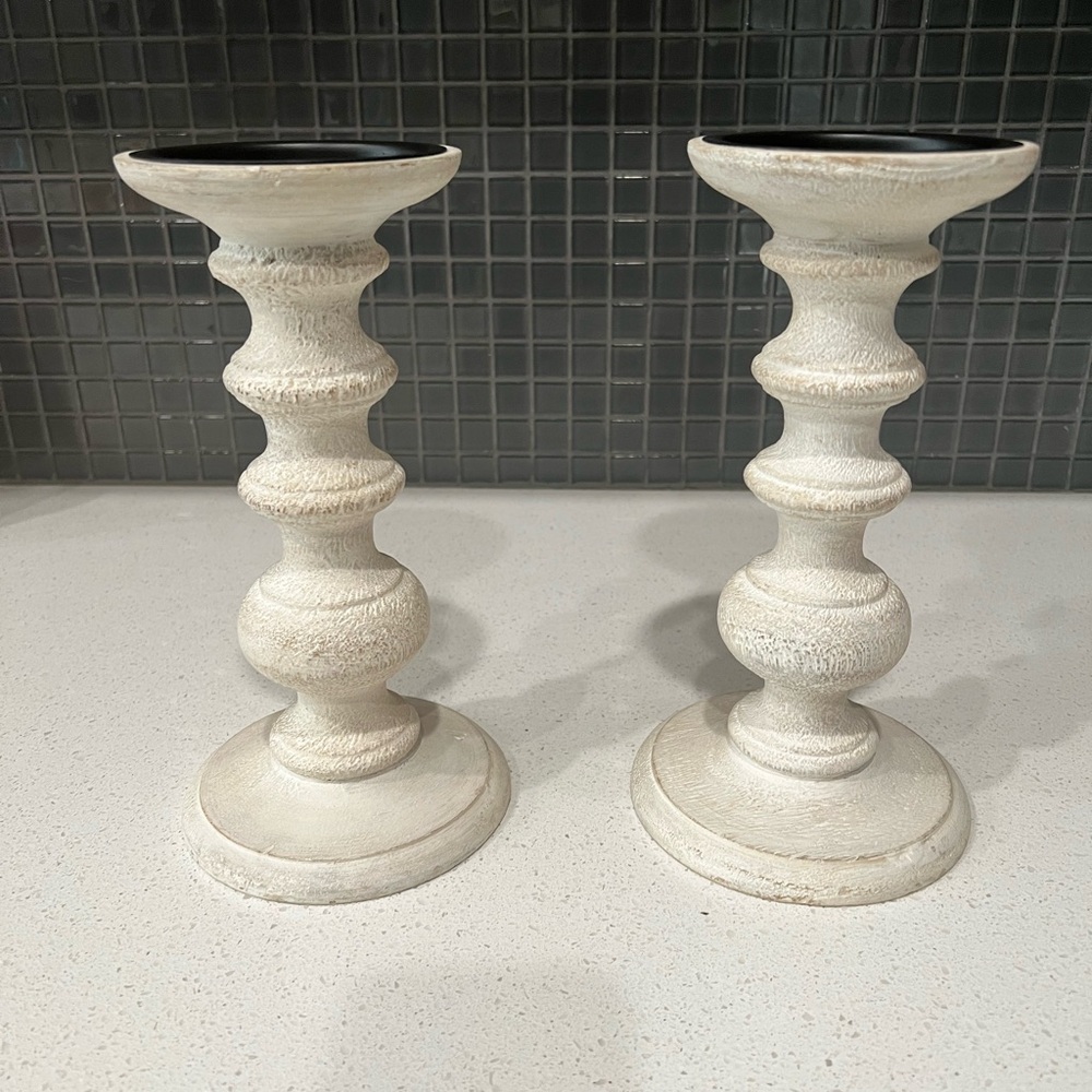 Pair of pillar whitewashed candle holder
